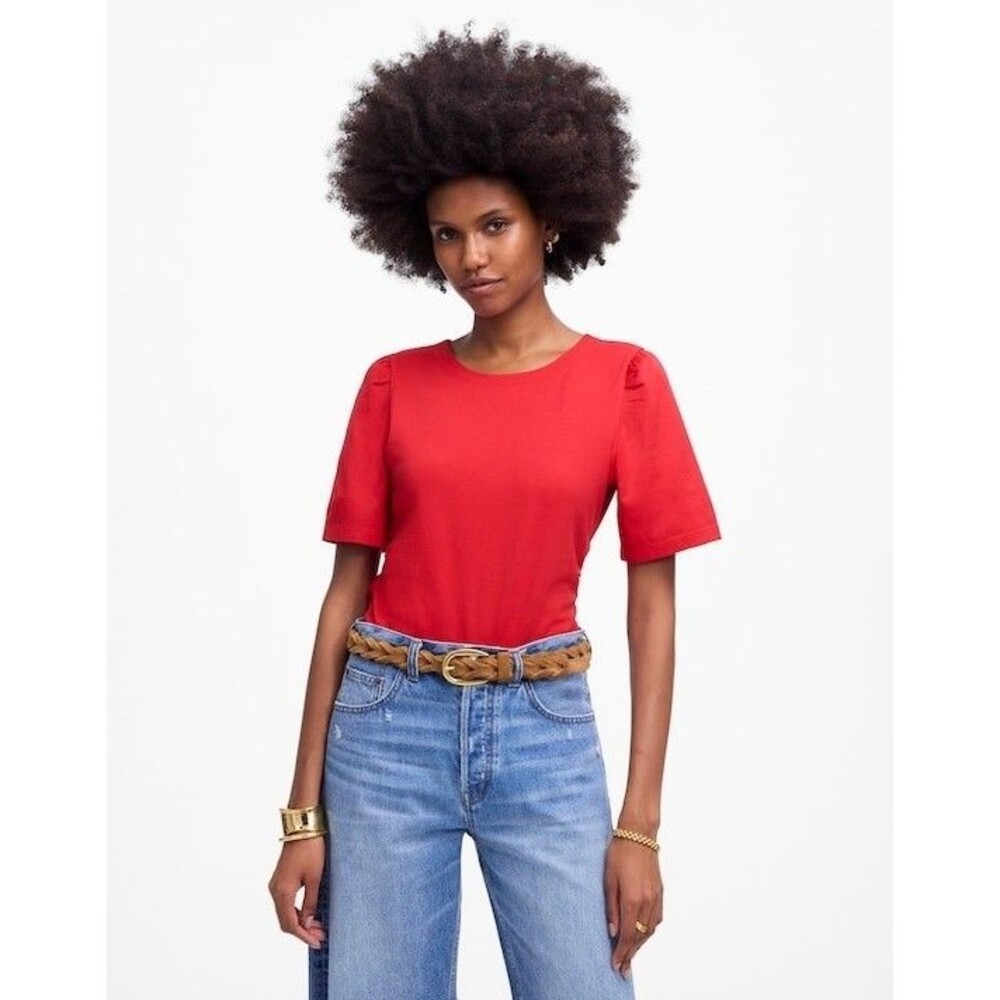 MADEWELL Side-Cinch Puff-Sleeve Tee S Watermelon Pink Crewneck Slim Fit NWT B7